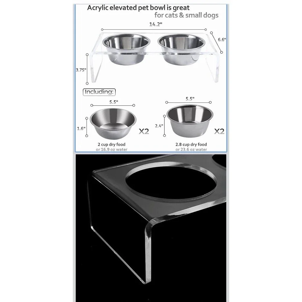 Acrylic Elevated Dog Cat Bowls Pet Feeder Double Bowl Raised Stand small size